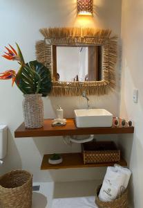 a bathroom with a sink and a mirror and a plant at Pousada Recanto Caxando in Trancoso
