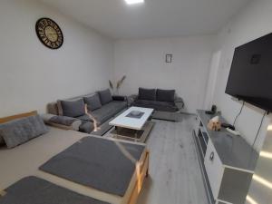 a living room with a couch and a tv at Apartment Emina in Tuzla