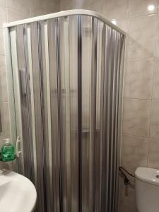 eine Dusche im Bad mit WC und Waschbecken in der Unterkunft Pensión KM66 Palas de Rei in Palas de Rei + 37 Fotos