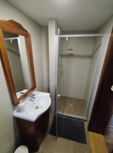 a bathroom with a shower and a sink and a mirror at Őrségi Porta in Magyarszombatfa