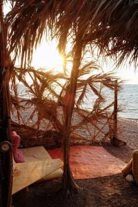 una cama bajo una cabaña de paja en la playa en Fully equipped Remote off-grid Solar Wooden Home, en Dahab