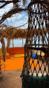 a room with two beds and a view of the water at Fully equipped Remote off-grid Solar Wooden Home in Dahab
