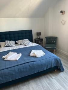 1 dormitorio con 1 cama azul y 2 toallas en CHEZ BRIGITTE, en Châtillon-sur-Marne