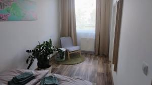 a room with a bed and a chair and a window at Byteček na Polní in Hodonín