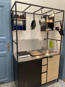 eine Küche mit einer Theke mit einer Spüle und einem Regal in der Unterkunft Blue Mirror Apartment in Budapest