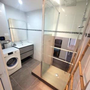 ein Badezimmer mit einer Waschmaschine und einer Waschmaschine in der Unterkunft Le Meney in Grenoble