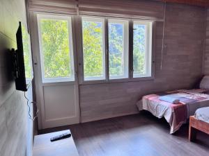 a room with windows and a bed and a television at Apartments / Studio Matka in Matka