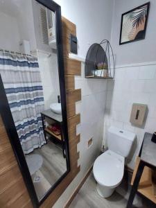 ein Badezimmer mit einem WC, einem Waschbecken und einem Spiegel in der Unterkunft Edificio Punta del Este in Punta del Este