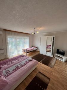 ein Schlafzimmer mit einem großen Bett und einem TV in der Unterkunft Apartmani Hadžić in Živinice