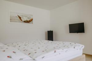 Landhaus ANDREA في Litzelsdorf: غرفة نوم بسرير وتلفزيون بشاشة مسطحة