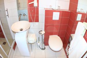 een badkamer met een witte wastafel en een toilet bij Hotel de la Basilique in Paray-le-Monial