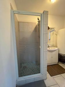 y baño con ducha y puerta de cristal. en Gite Caillebourg Normandie, en Saint-Martin-aux-Arbres