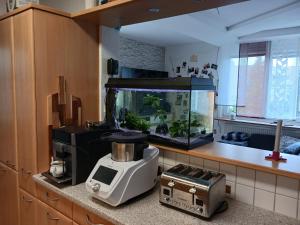 una cocina con una barra de pescado y una cocina en Maxi's Home en Marchtrenk