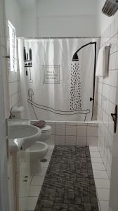 a bathroom with a shower and a toilet and a sink at City Apartment Ierapetra in Ierápetra