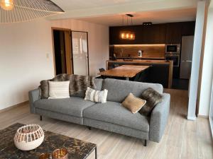 a living room with a couch and a kitchen at Appartement moderne flambant neuf 