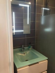 La salle de bains est pourvue d'un lavabo vert et d'un miroir. dans l'établissement Lumineux / vue sur parc thermal, à Chamalières