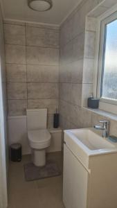 a bathroom with a toilet and a sink at Stylish 1 Bedroom Apartment - City Centre and Close to Airport in Luton