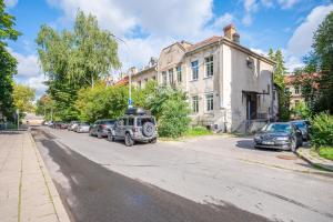 une rue avec des voitures garées sur le côté de la route dans l'établissement Premium City Center Lukiskiu Apartment, à Vilnius