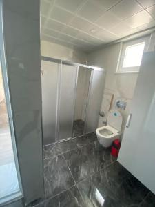 a bathroom with a toilet and a shower stall at Villa Venus in Gazipasa