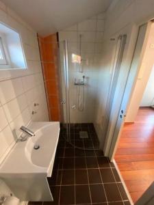 uma casa de banho com um chuveiro e um lavatório branco em Sleep with the stars em Oslo