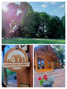a collage of photos with a wooded shelter and a sign at Domek Nad Stawem in Gołdap