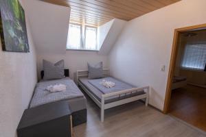 a small room with two beds and a window at Hochrhein Ferienwohnung in Albbruck