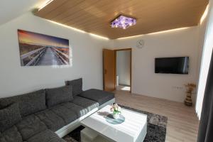 a living room with a couch and a tv at Hochrhein Ferienwohnung in Albbruck