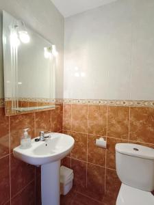 a bathroom with a sink and a toilet and a mirror at CASA RASPA, BATERNA (ÁVILA) in Baterna