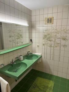 een badkamer met een groene wastafel en een spiegel bij Geräumige rustikale Tiroler Wohnung 1-8 Personen in Imst