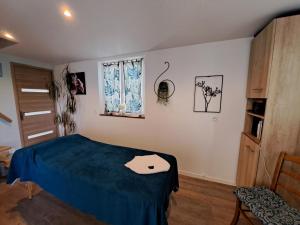 Saint-CassienにあるAdorelys séjour bien être - spa et massageの青いベッドと窓のある寝室