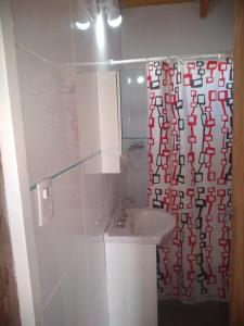 a bathroom with a sink and a shower curtain at La Lechuza in El Volcán