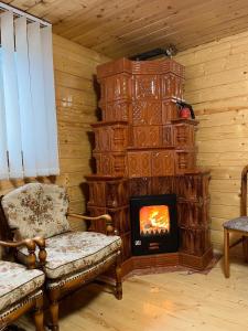 a living room with a fireplace in a log cabin at Cabana din Luncă in Bistra