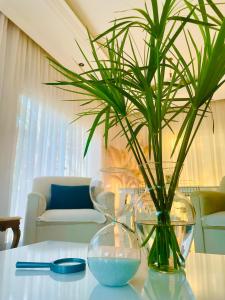 a vase with a plant in it on a table at Nicocreon Guest House in Famagusta