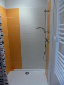 baño con ducha y puerta de cristal en Les Chouettes Blanches, en Benet