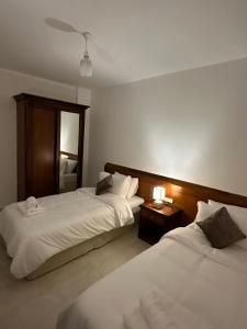 瓦迪穆薩的住宿－Marvel Hostel，酒店客房,设有两张床和镜子