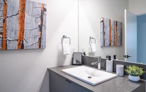 a bathroom with a sink and a mirror at Revylation by Revelstoke Vacations in Revelstoke +26 photos