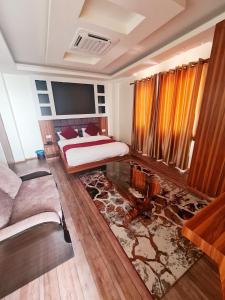Schlafzimmer mit einem Bett, einem TV und einem Teppich in der Unterkunft AERO HOTEL BY AERO LOUNGE AND BAR in Kathmandu