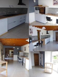 four different views of a kitchen and a dining room at Gîte du Lieu Piquot in Gréville-Hague
