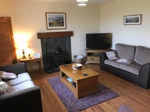 a living room with a couch and a fireplace at Harsgeir View Holiday Cottage -Wifi Go green in Breaclete