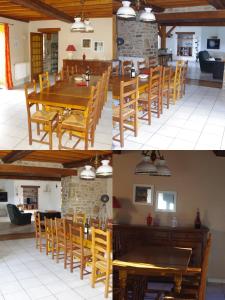 a dining room and living room with a table and chairs at Gîte du Lieu Piquot in Gréville-Hague