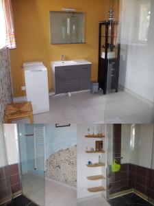 three pictures of a bathroom with a sink and a refrigerator at Gîte du Lieu Piquot in Gréville-Hague