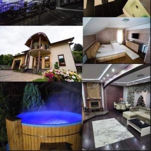 un collage de fotos de una casa con bañera de hidromasaje en Perla Nordului en Moisei