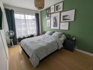 Un dormitorio con una cama con paredes verdes y una ventana en Appt cosy en cœur de ville proche Lille - 15 min en Tourcoing