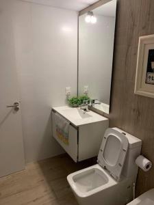 een badkamer met een toilet, een wastafel en een spiegel bij Maravilloso Departamento al Mar in Punta del Este