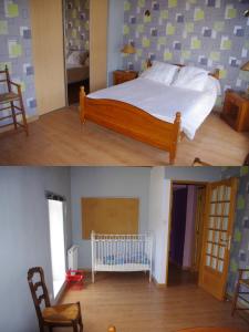 two pictures of a bedroom with a bed and a crib at Gîte du Lieu Piquot in Gréville-Hague