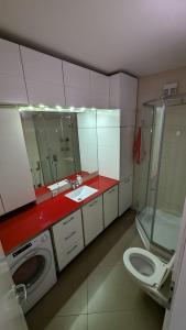 ein Badezimmer mit Waschmaschine und Toilette in der Unterkunft Modern and cozy apartment, excellent location, near Sarajevo City Center, 60m2 in Sarajevo