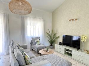 ein Wohnzimmer mit einem Sofa und einem Flachbild-TV in der Unterkunft Azur - Résidence Le Dattier in Flic-en-Flac