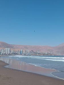una playa con una ciudad y el océano con olas en Luminoso depto 3 dormitorios 2 baños frente al mar en Iquique
