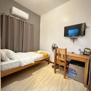 Cette chambre comprend un lit et un bureau avec une télévision. dans l'établissement Earl De Princesa Hotel, à Puerto Princesa