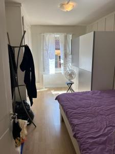 拉诺伊韦维尔Maison Merz的带紫色床和窗户的卧室